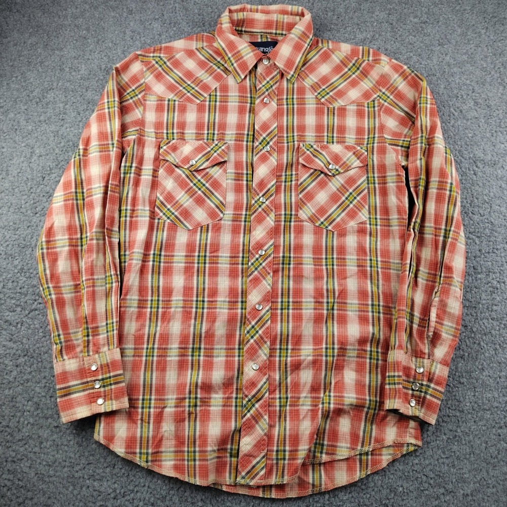 Wrangler Western Shirt Mens Small Plaid Orange Pearl Snap Rodeo Lightweight EUC